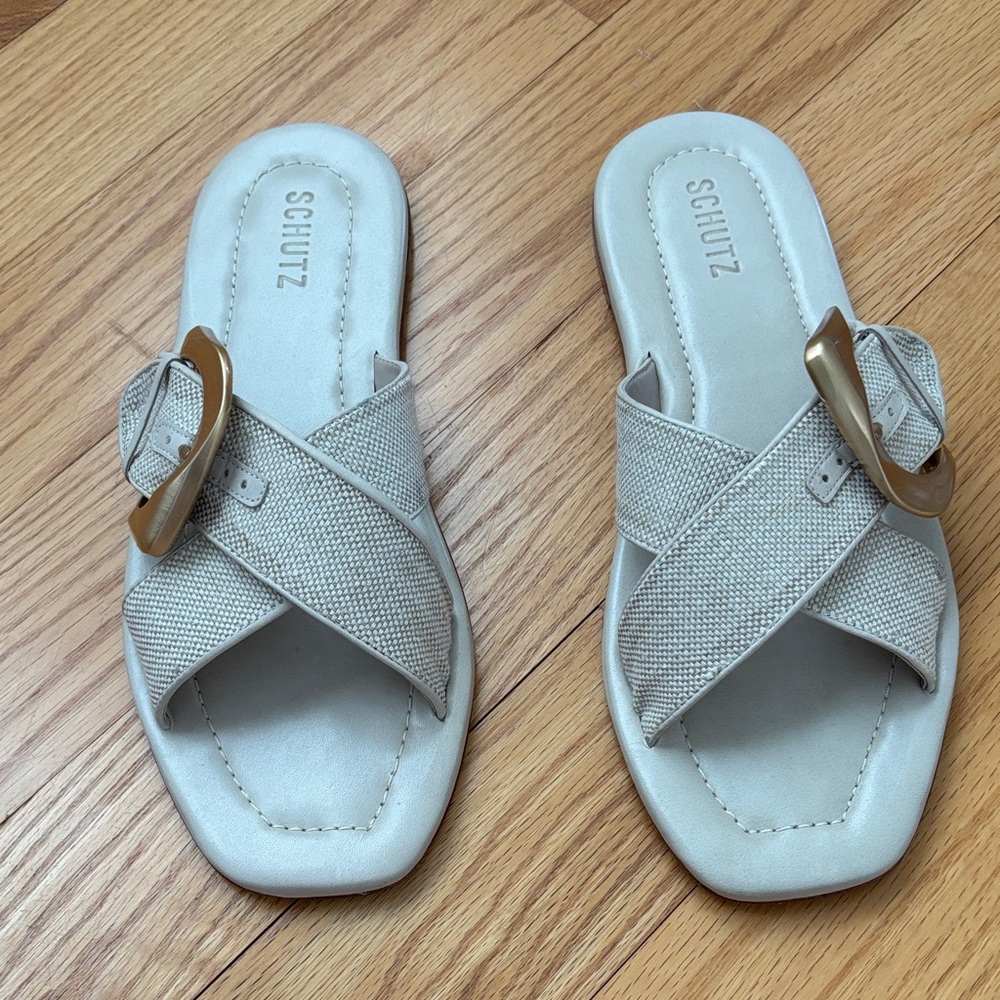 SCHUTZ Women's line Tan Slide Sandals with Buckle
